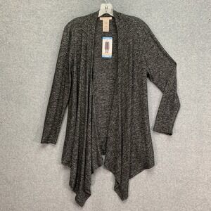 Philosophy Women Cardigan Black Heather Sz L Open Front Waterfall Heathered Knit